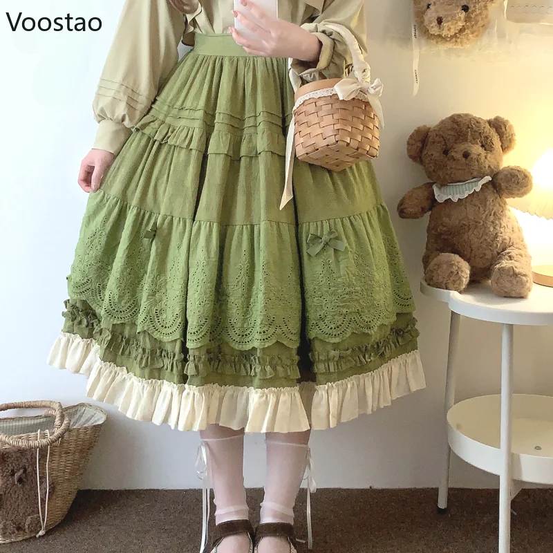 Mori Girl Style Lolita Midi Skirt Women Vintage Embroidery Lace Floral Bow Ruffles Long Skirts Female Prairie Chic Party Skirt 4