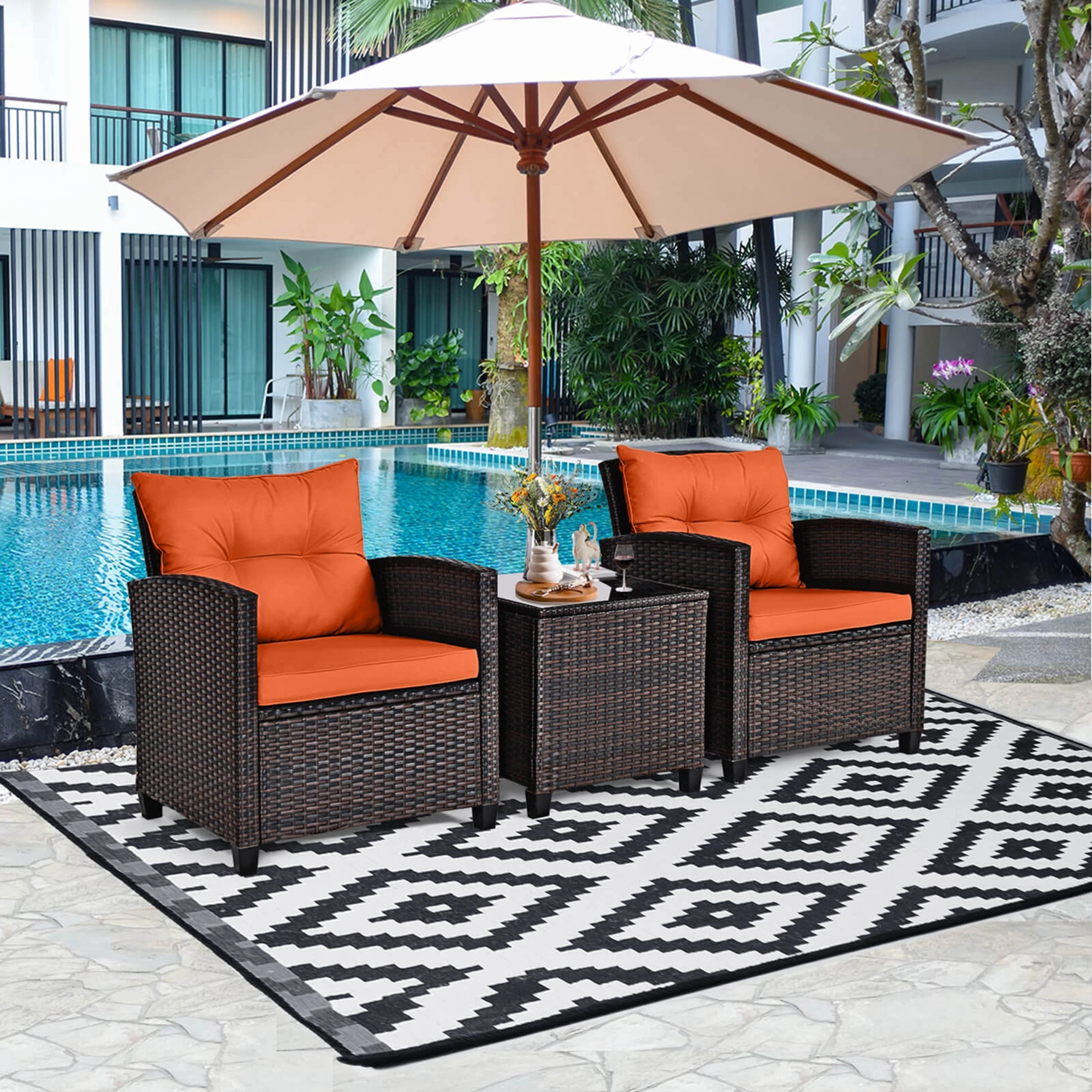 3 PCS Patio Rattan Furniture Set Cushioned Conversation Set Sofa Orange - Image 4