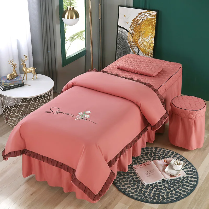 4pcs Lace Bedding Sets for Beauty Salon Massage Spa Tuina Sabnanas Bedskirt+Pillowcase+stool Cover+ Duvet Cover Beddings Sets