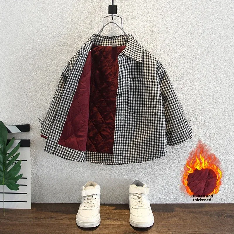 Thickened Pure Cotton Plaid Shirt for Boys Winter Style Korean Version Baby Fashionable Cotton Padded Trendy Design