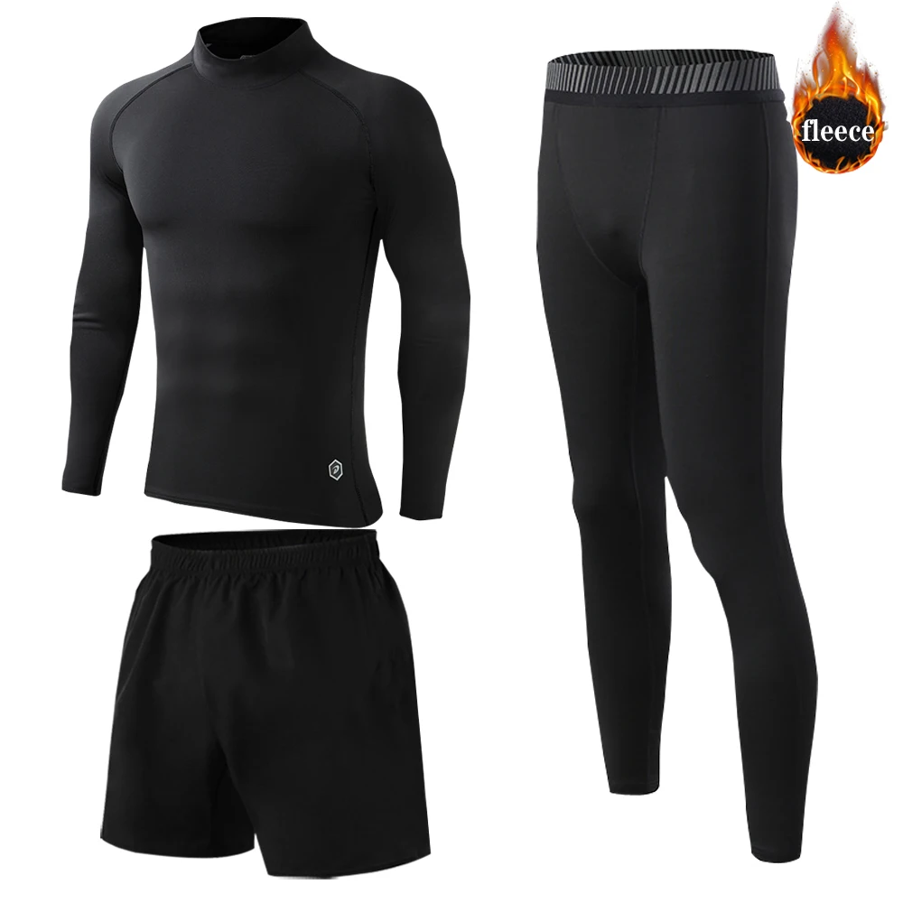 New Winter 3 Piece Thermal Underwear Boys and Men Warm First Layer Men's Sports Rashgard Fleece Compression Second Skin Trousers damping men s safety anti collision pants basketball training tights leggings knee pads protector sports compression trousers