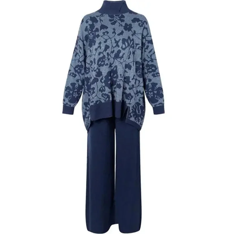 Advanced Sense Embroidery Split Knit Suit Women's 2023 Spring Autumn New Fashion Sweater Wide Leg Pants Two-Piece Set Female