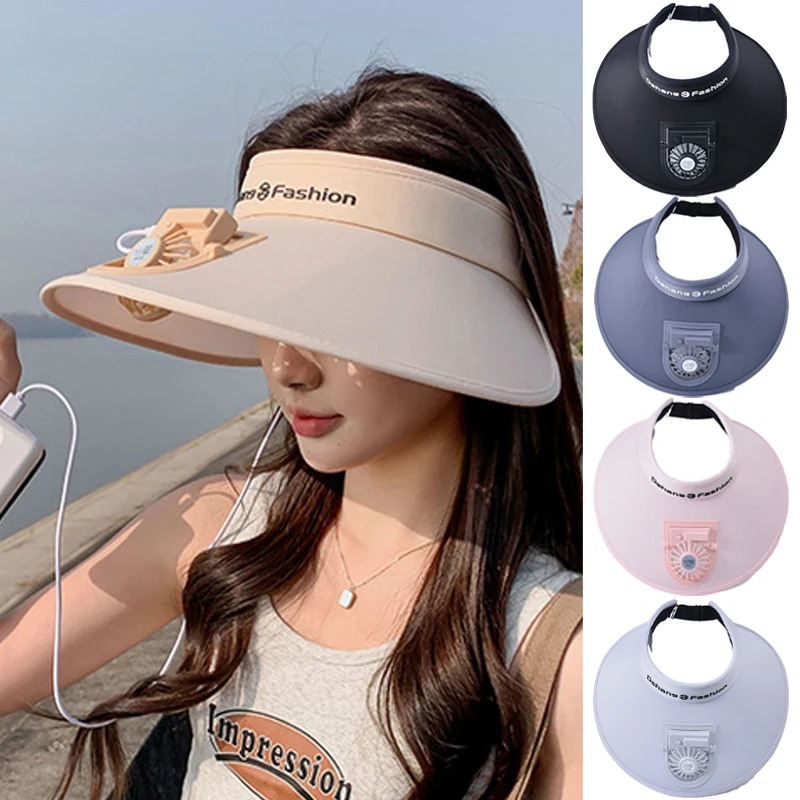 

Large Brim Sun Hat with Fan Women USB Rechargeable Summer Hat Uv Shade Empty Top Visors Outdoor Sports Cycling Travel Beach Hats