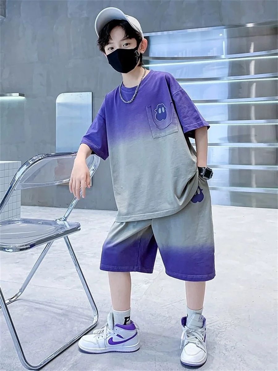 

5-12Y Children Boy Summer Clothes Fashion Short Sleeve Letter Tshirt Top and Short Bottom 2pcs Outfit Teenage Casual Tracksuit