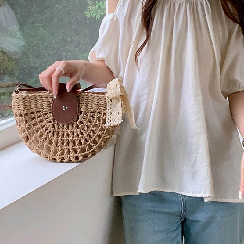 Ladies Semicircle Straw Handbag with Adjustable Strap Casual Hollow Woven Sling Bag for Travel Vacation And Commute