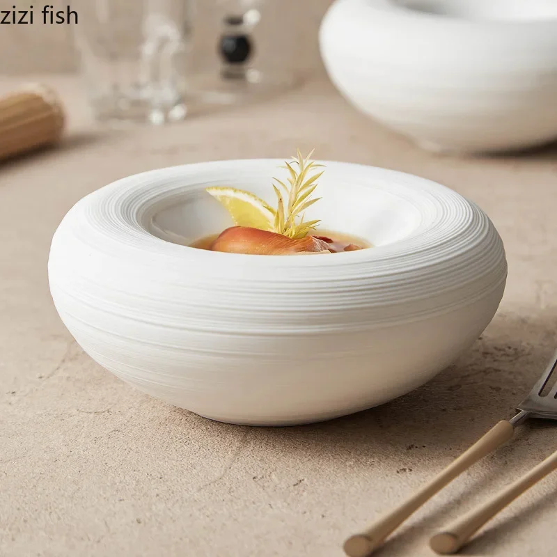 White Double Layer Insulation Plate Serving Plate Ceramic Circular Thick Soup Snack Dish Salmon Dish Restaurant Tableware