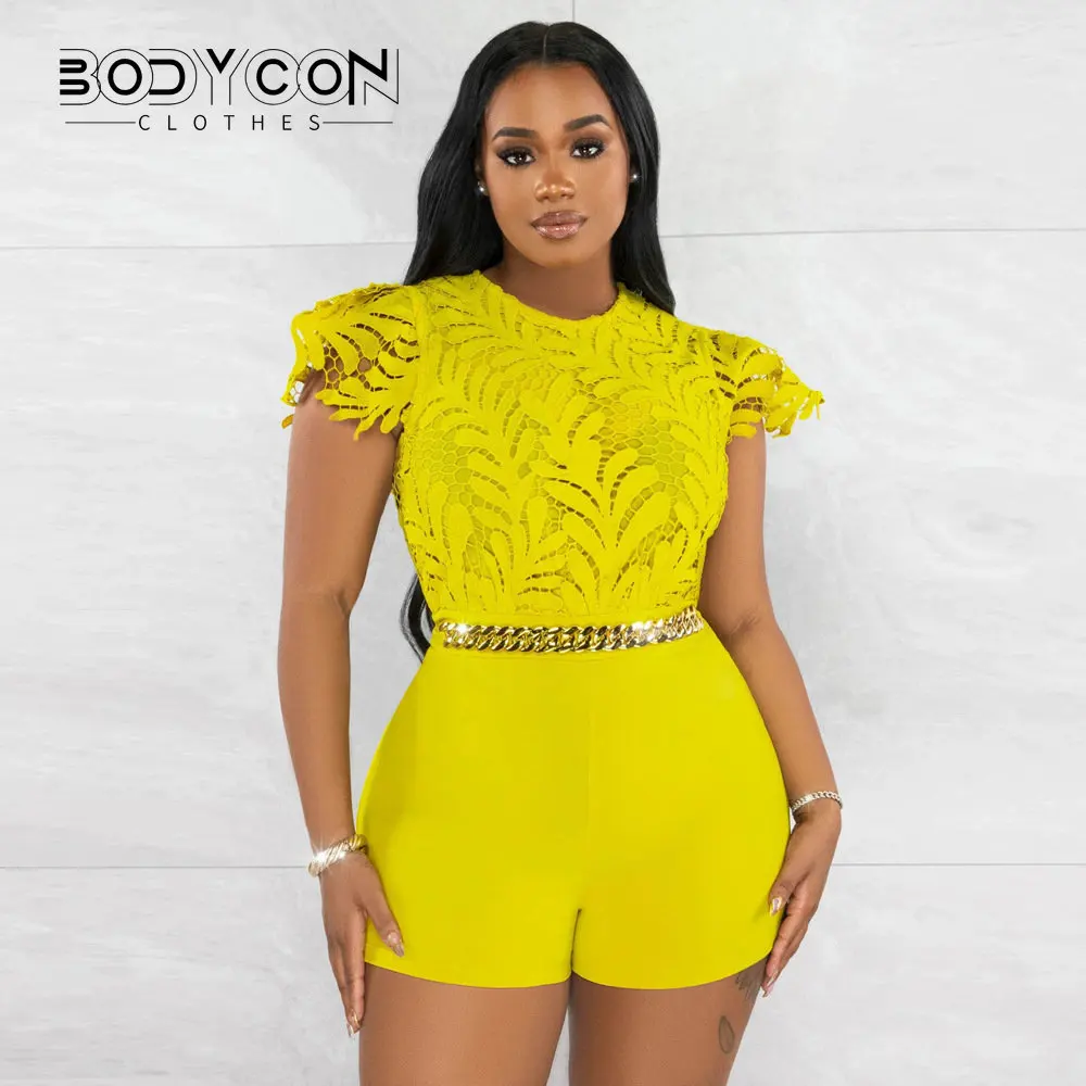

BODYCON Women Lace Patchwork O-neck Short Sleeve Jumpsuit 2023 Summer Street INS Party Romper One Piece Set Playsuit