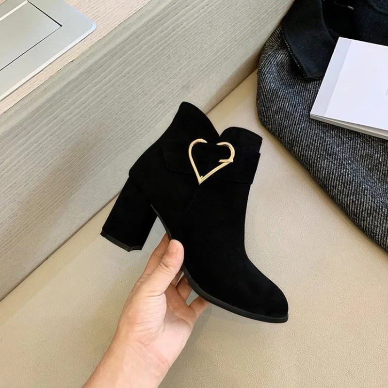 Fashionable versatile short boots comfortable single boots round toe autumn winter new Elegant minimalist thick heels high heels