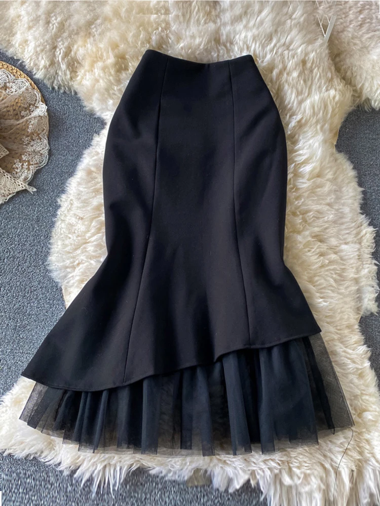 

Spring Autumn Office Lady Skirt Over The Knee Black High Waist Skirt Mesh Splicing Irregular Package Hip Fishtail Skirt KK1737