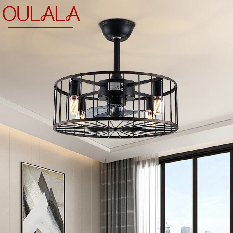 OULALA American Ceiling Fans Lights Black LED Lamp With Remote Control for Home Bedroom Dining Room Loft Retro 1