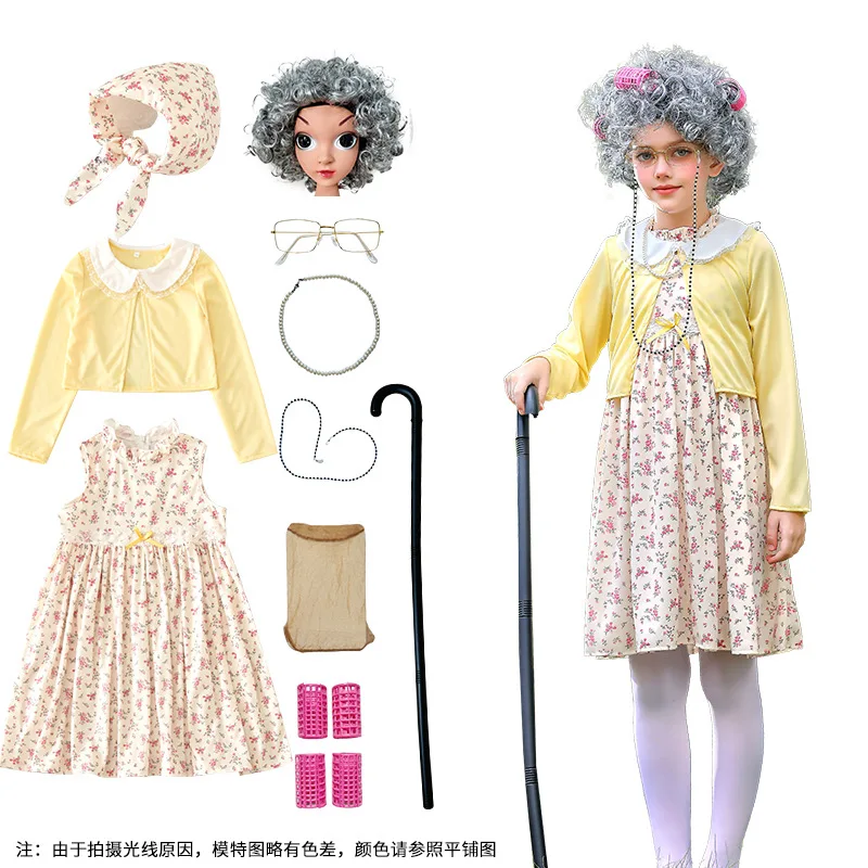 Cosplay Costume Halloween Great grandma cosplay older dress performance costume Kid Halloween with wig glasses