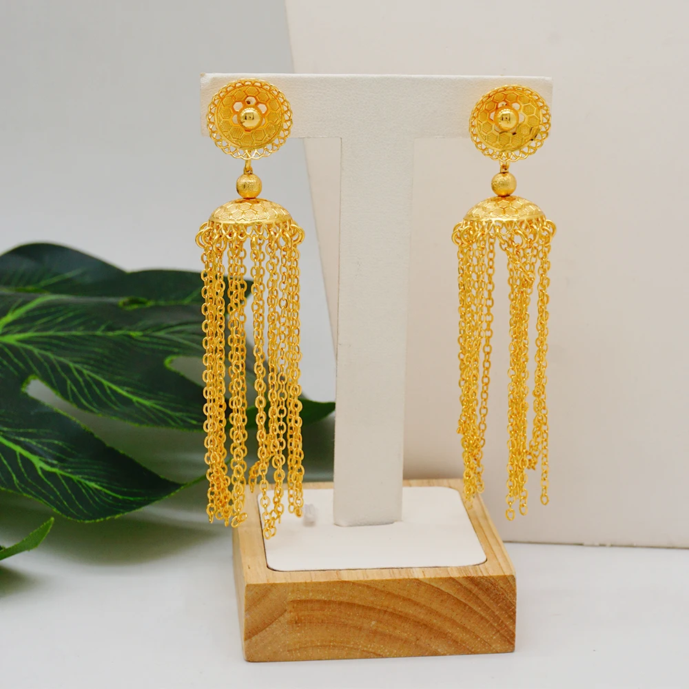 S001ec0d08651465eb6abe14870da306fH Fashion Gold Color Ethiopian Jewelry Set Long Tassel Pendant Earrings Wedding Bride Necklace Set Mallzona