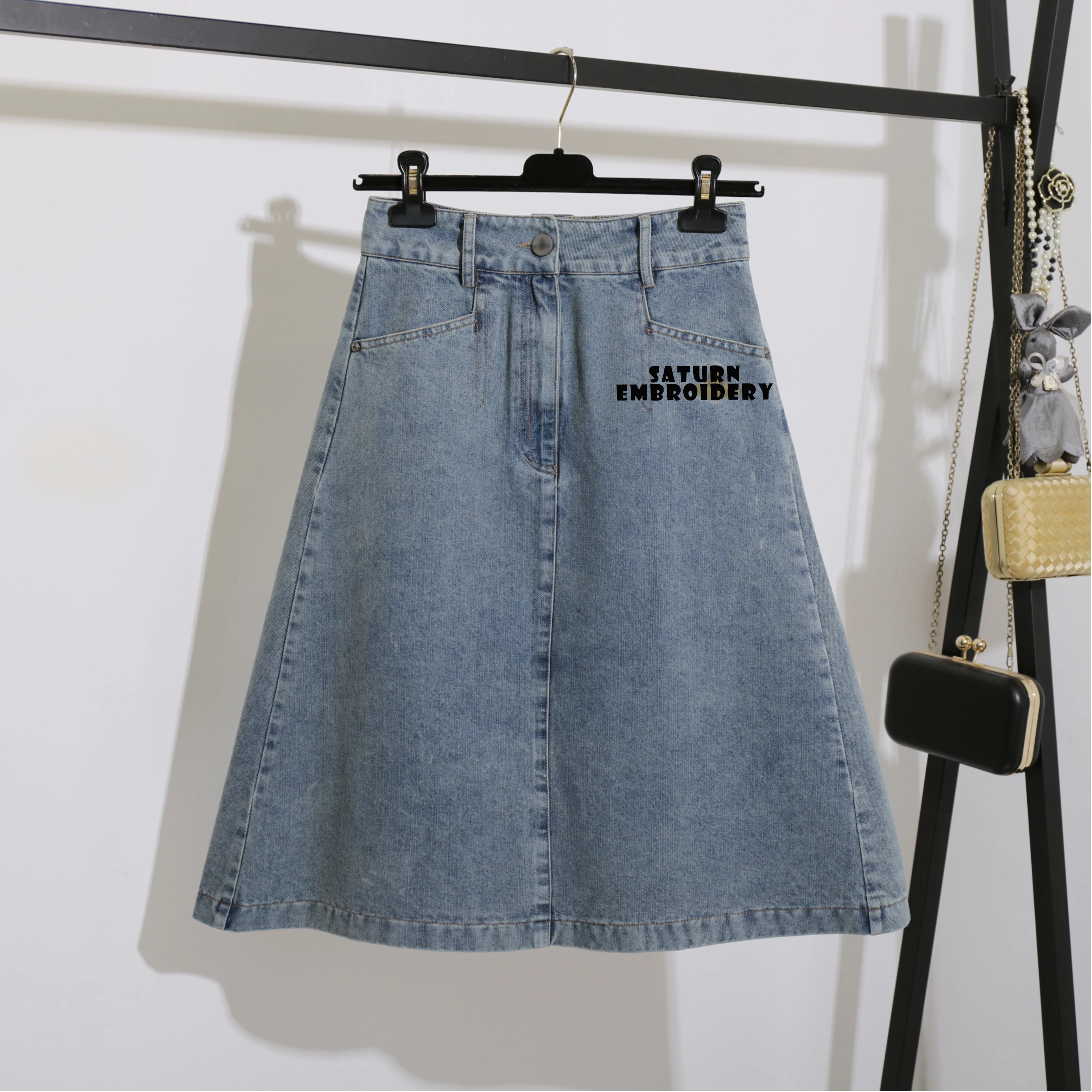 Autumn Saturn Embroidery Solid A-line Denim Skirt High Waist Slimming Short Women Dress