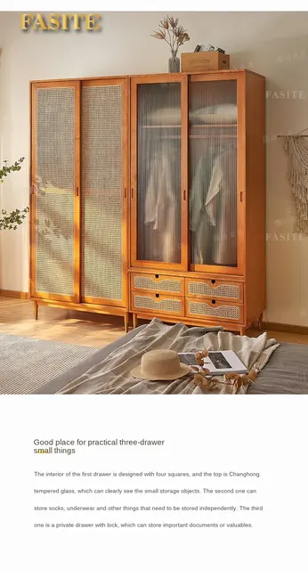 Armoire en rotin tissé rétro japonais, armoire, chambre à coucher, ménage,  bois massif, porte marketen verre, armoire à manteaux, rangement au sol