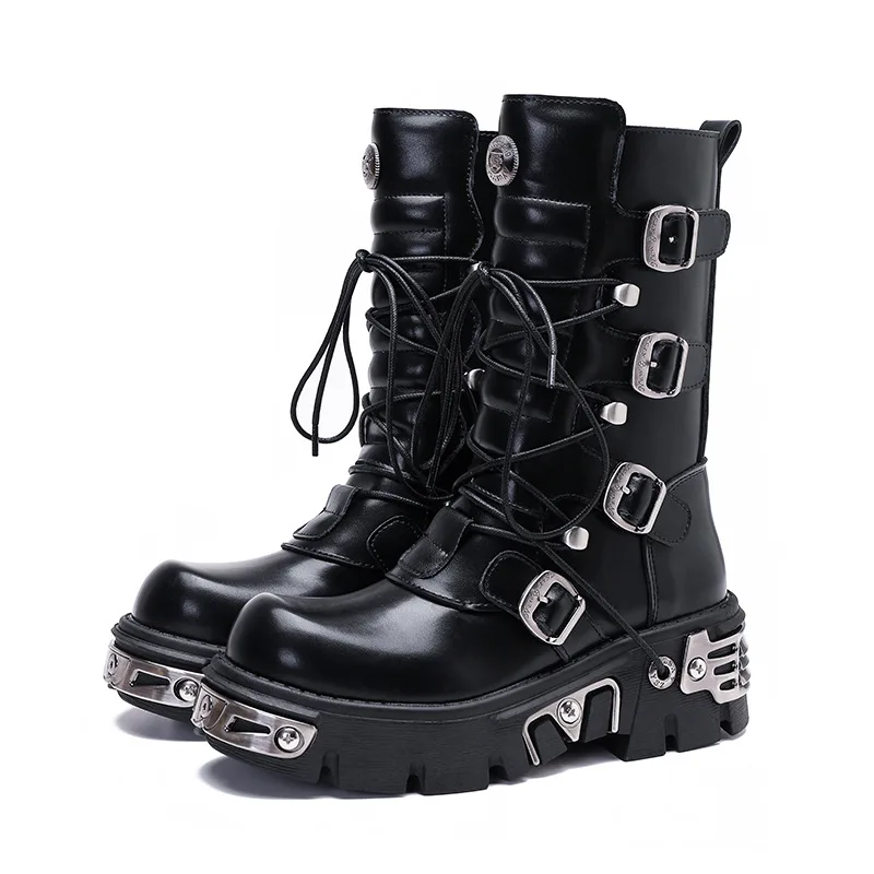 

Retro Casual High Boots for Men and Women Metal Designer Leather Motorcycle Boots Punk Workwear Rock Thick-soled Mid-calf Boots