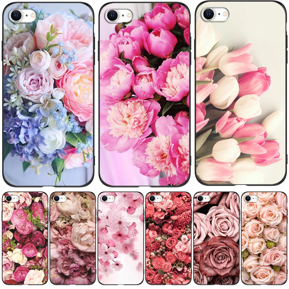 Per Iphone 7 8 Se 2020 Se3Case Cover In Silicone Per Apple Iphone 7 8 Plus Funda Coque Custodia In Tpu Nero Flower Rose Peony