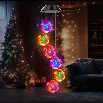 Solar Powered Color-Changing Pink Embroidered Ball Flower Wind Chime Light – Waterproof Outdoor Hanging Night Lamp 1