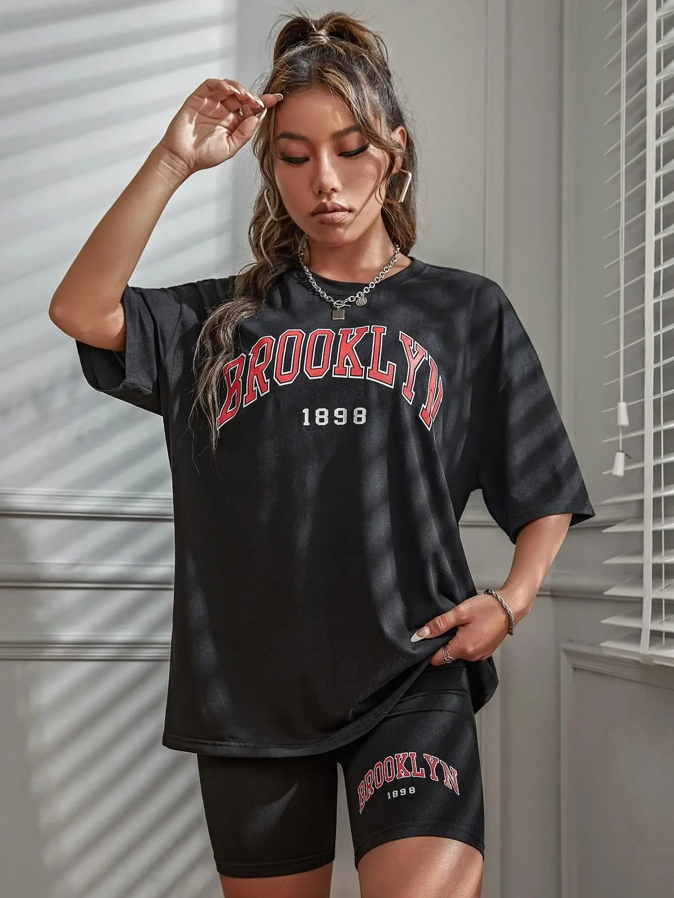 Brooklyn 1898 New York City Letter Graphic T-Shirts Set Women Summer Casual 2 Piece Set Oversized Shorts Cotton S-Xl T Shirts