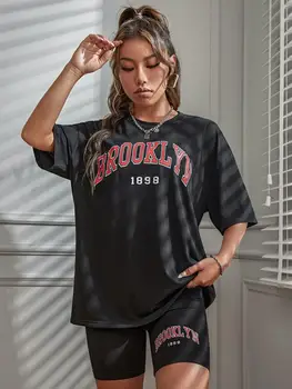 Brooklyn 1898 New York City Letter Graphic T-Shirts Set Women Summer Casual 2 Piece Set Oversized Shorts Cotton S-Xl T Shirts