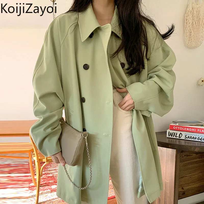 

Koijizayoi Sweet Women Solid Trench Casual Loose Office Lady Fashion Long Coat Single Breasted Turn Down Collar Korean Jacket