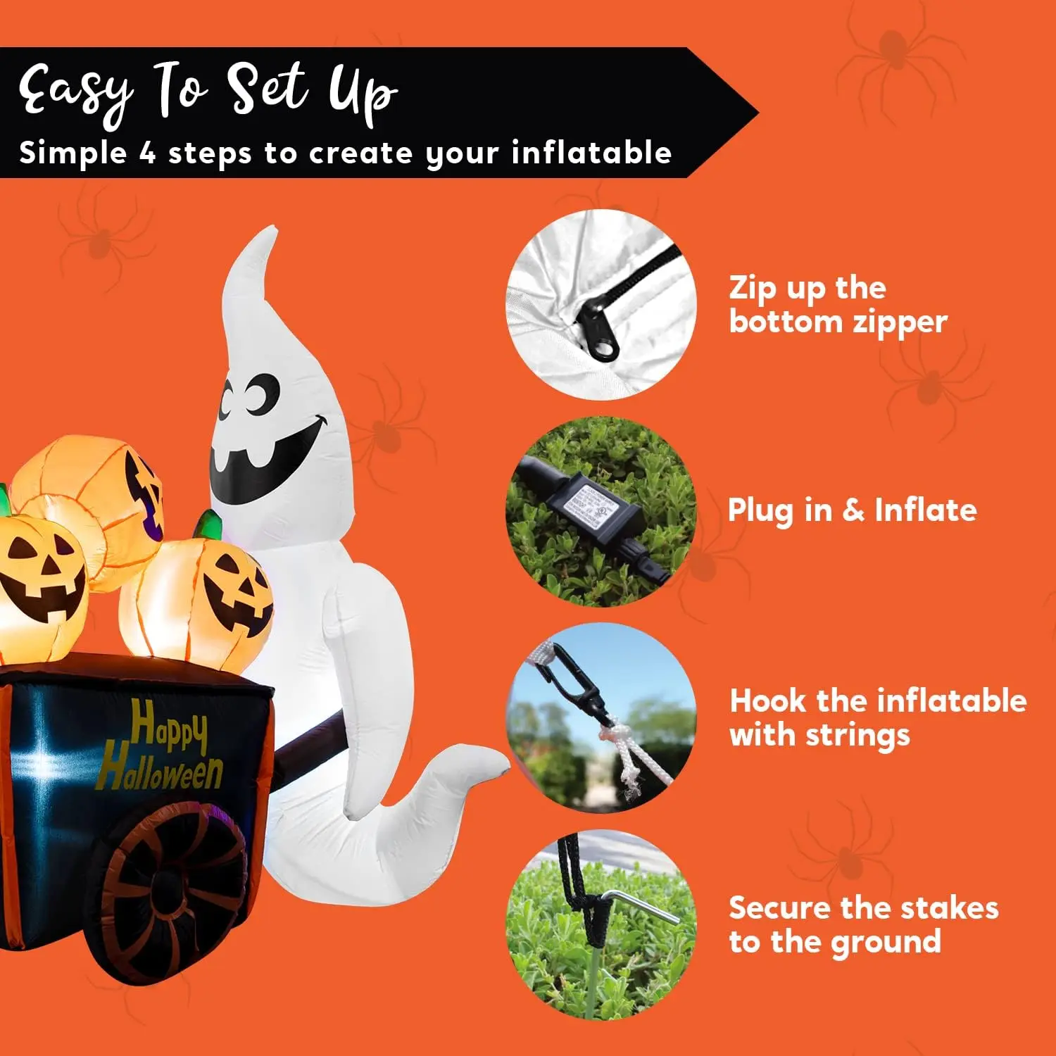 6 FT Halloween Inflatable Ghost Pushing Pumpkin Cart with Build-in LEDs Blow Up Inflatables for Halloween Party Yard Outdoor Toy 4