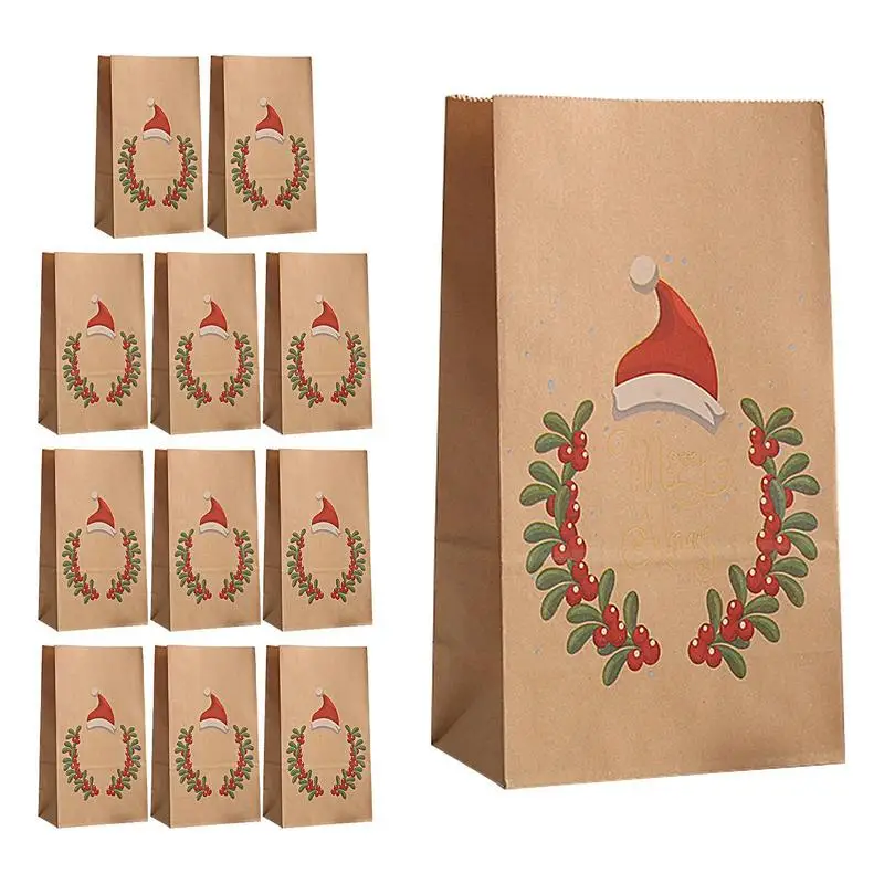 

12PCS Christmas Kraft Paper Handbags Christmas Gifts Bag Merry Christmas Decor For Home Christmas New Year Packing Bags