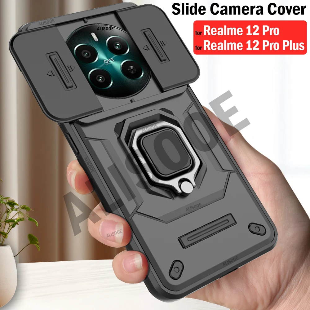 Slide Camera Armor Funda Per Realme 12 Pro Plus 5G Case Ring Stand Holder Cover Protettiva Per Oppo Realme 12 Pro + 5G Capa