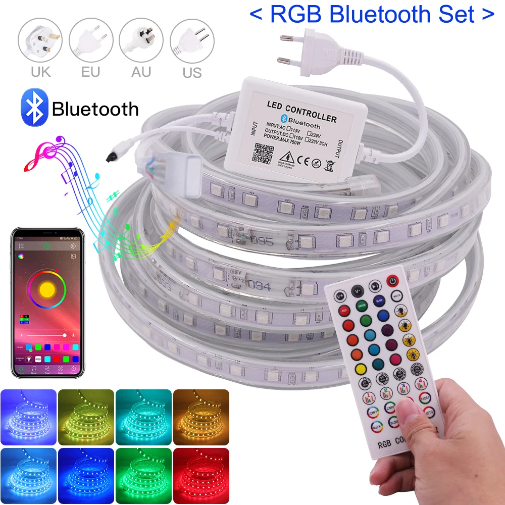 5050 RGB LED Strip 220V 110V Waterproof IP67 Outdoor Flexible Ribbon Neon  Light