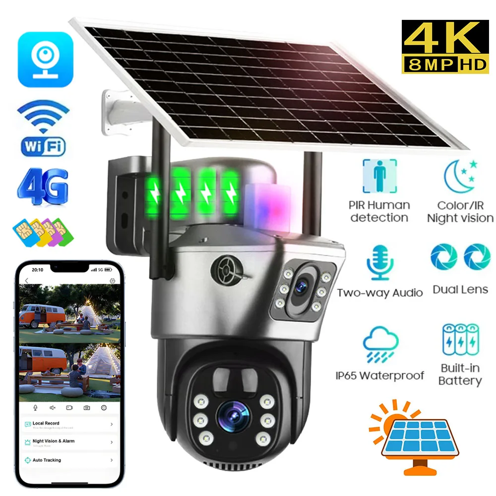 Solar Camera Outdoor 4G Wifi 4K 8MP 360 Wireless Dual Screen Surveillance Waterproof Cctv Security Protection Ip Cameras