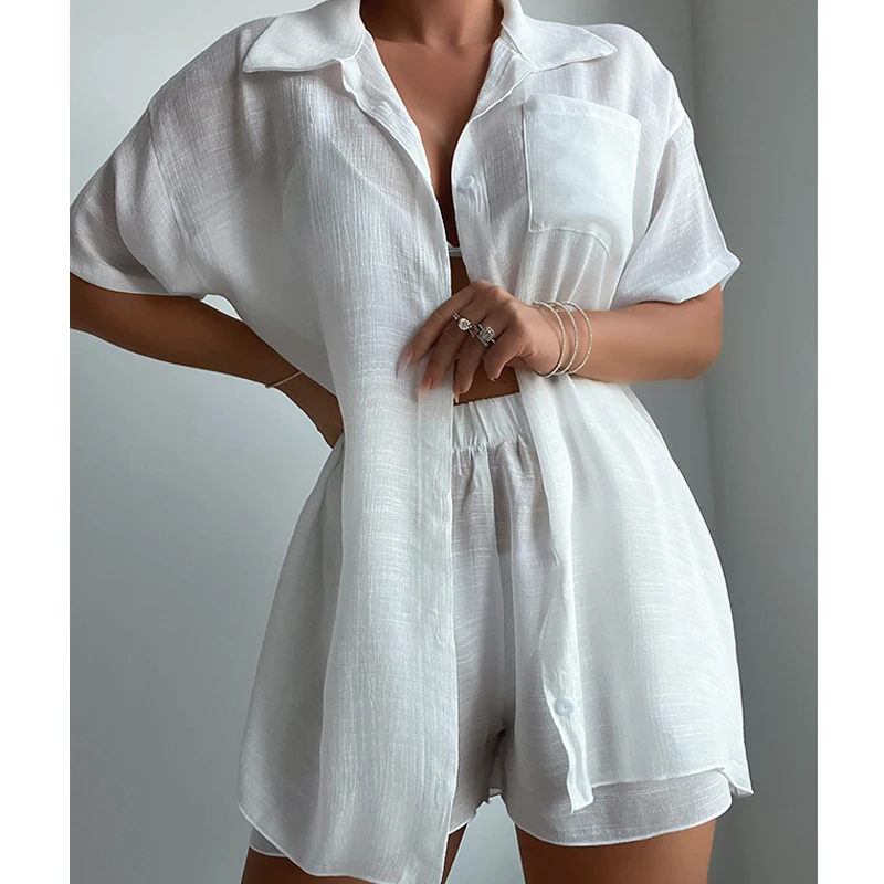 Fashion Button Pocket Shorts Women's Suit Elegant Lapel Short Sleeve 2 Piece Set Casual Simple Vacation Womenswear