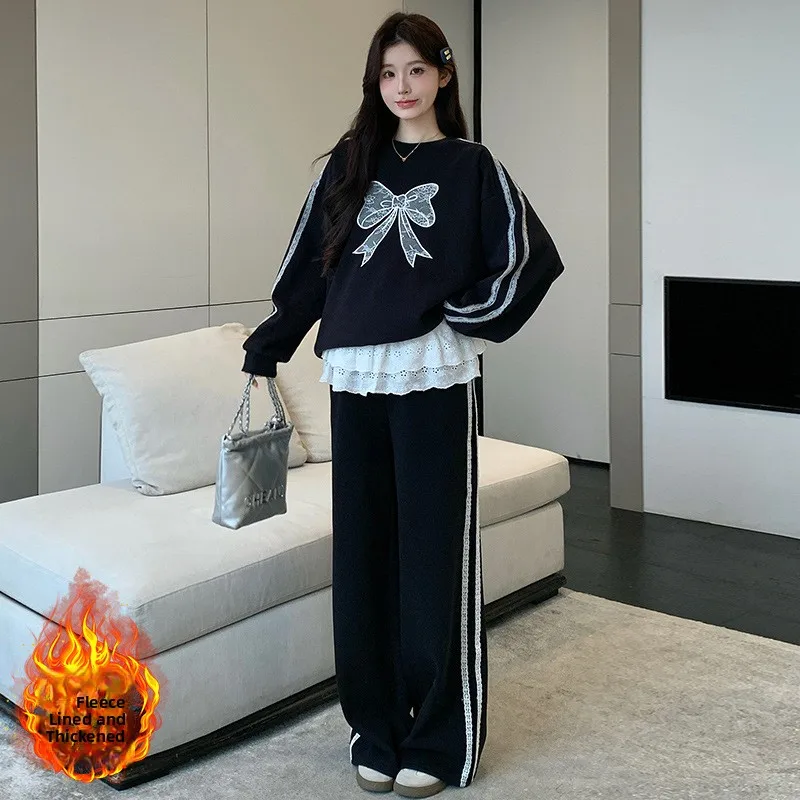 겨울 새로운 게으른 스타일 스웨트 셔츠 탑 레이스 패치 워크 와이드 레그 팬츠 임산부 세트 긴 소매 코튼 한국 캐주얼 의상