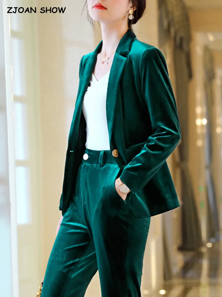 Matching Set 2022 Vintage Bright Velvet Women Blazer Set CHIC High Waist Slim Flare Pants Long Sleeve Suits 2 Pieces Sets Coat