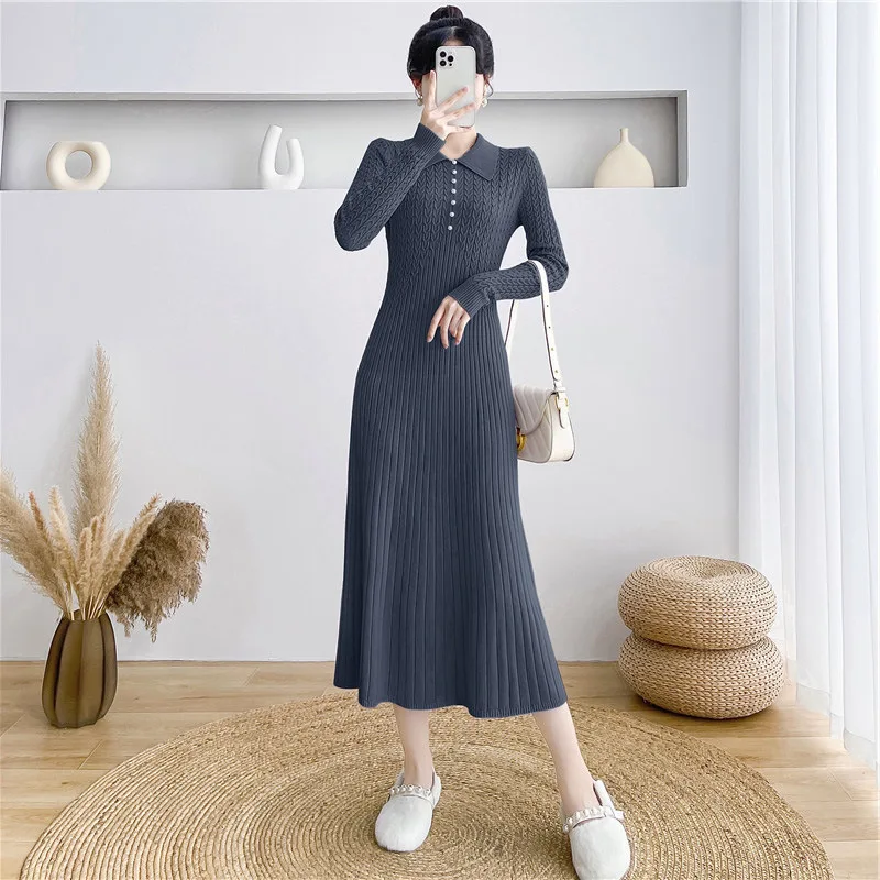 Ribbed Autumn Knit Long Dress For Women Fashion High Waist Elegant Solid Long Sleeve Dress Lapel Loose Knitwear Maxi Dress