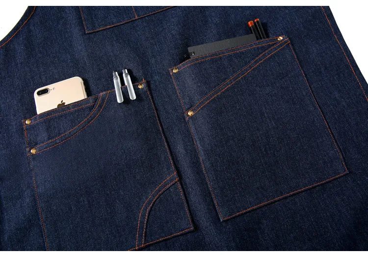Modische, verdickte Denim-Canvas-Schürze mit Ledergürtel für Schönheitssalon, Café, Floristen, anpassbares Logo – Detail 5
