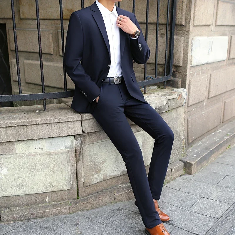 Men's Spring Fashion Solid Color Suit And Pants Two-Piece Set Wedding Dress Business Tooling All-Match Elegant