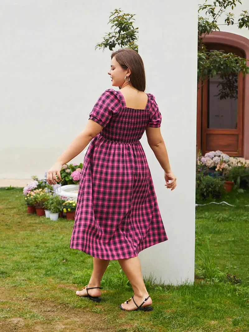 Cute Plus Size Women Clothing Dresses Elegant Short Sleeve Pink Plaid Midi Dresses Boho Plus Size Long Women Summer Dresses 2023