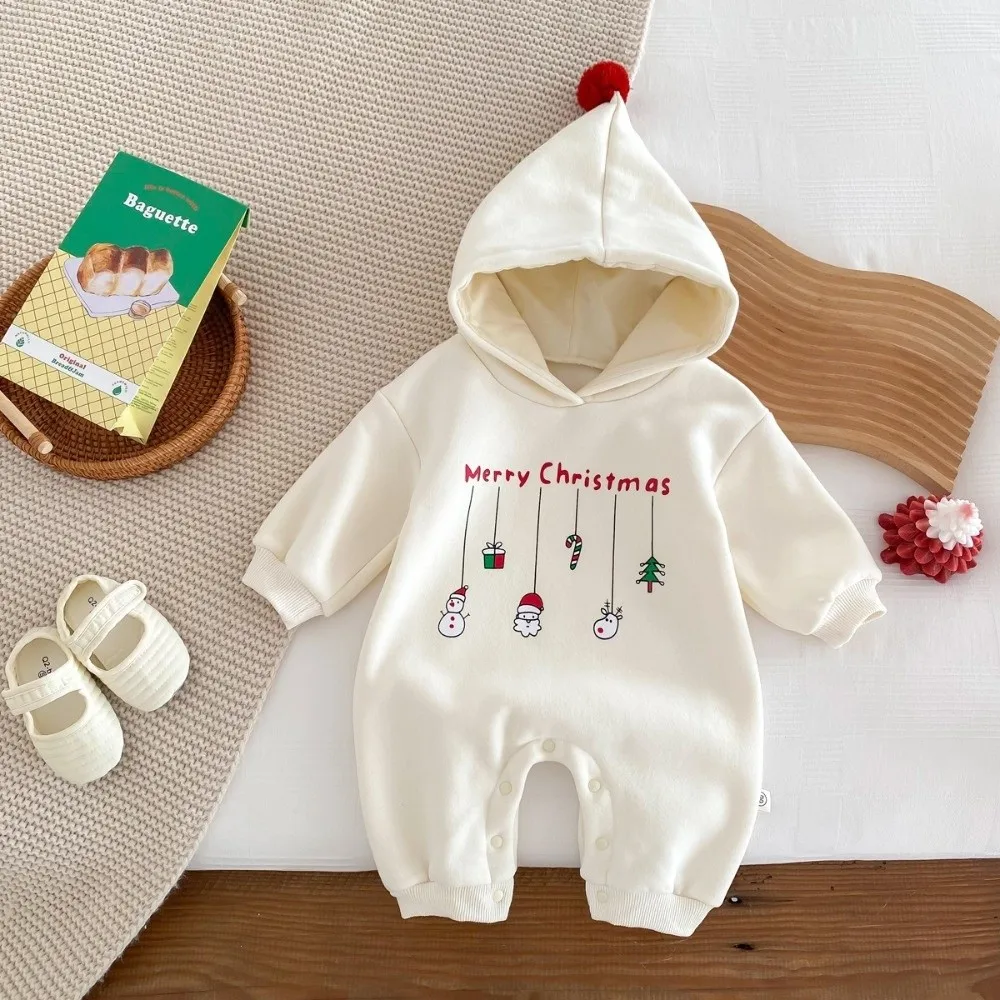 Boys Girls Letters Print Christmas Romper Hooded Christmas Jumpsuit Hooded Jumpsuit Fall Winter
