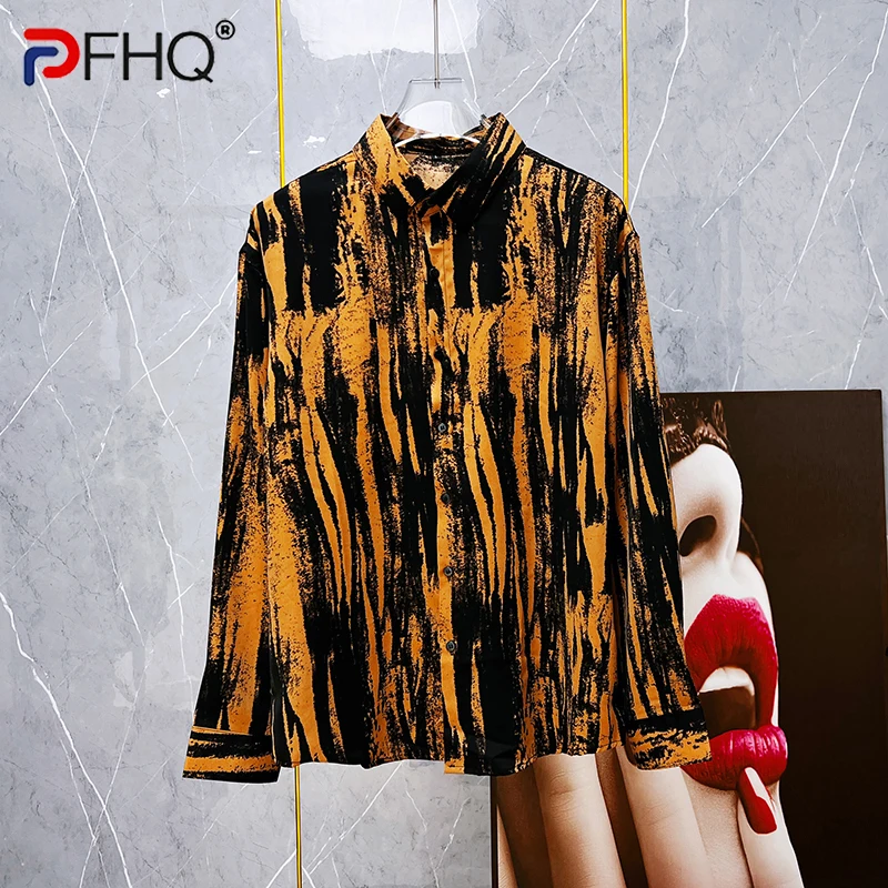 

PFHQ Men's Korean Design Ink Tie Dyed Stripe Shirts Casual Chiffon Long Sleeve Thin Breathable Creativity Art Sport Tops 21Z1673