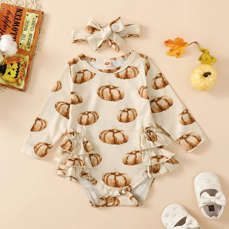 

Infant Baby Halloween Jumpsuit With Bow Headband Pumpkin Print Round Neck Long Sleeve Ruffled Romper Toddler Clothes 0-18 Months