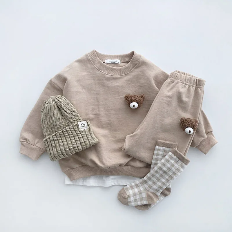 baby clothing set line 2022 New Baby Solid Color Clothes Set Cute Bear Doll Children Loose Casual Sweatshirt + Pants 2pcs Suit Boys Girls Outfits Set baby clothes in sets	