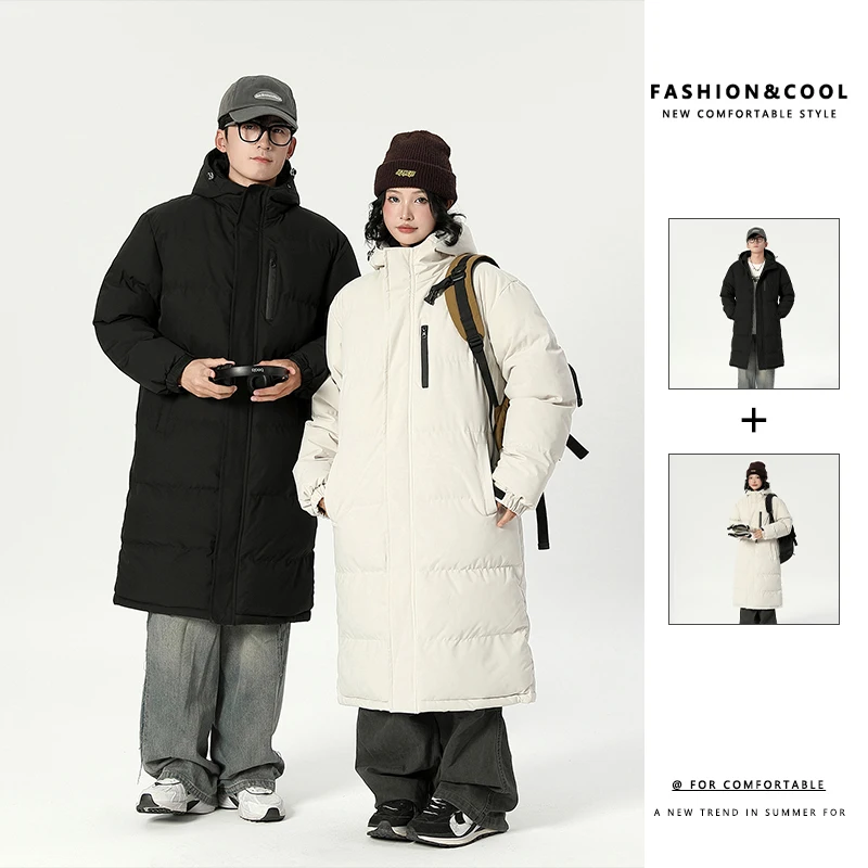 Winter Jacket Couple's Trendy Simple Thickened Cold-proof Long Down Cotton Padded Coat Men's Brand Ski Warm Hooded Parka