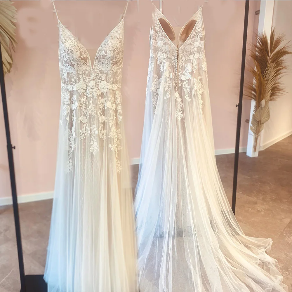 

Boho Wedding Party Gowns 2022 Spaghetti Strap Backless Sexy Long Wedding Dresses For Women Lace Applique A-Line vestido de novia