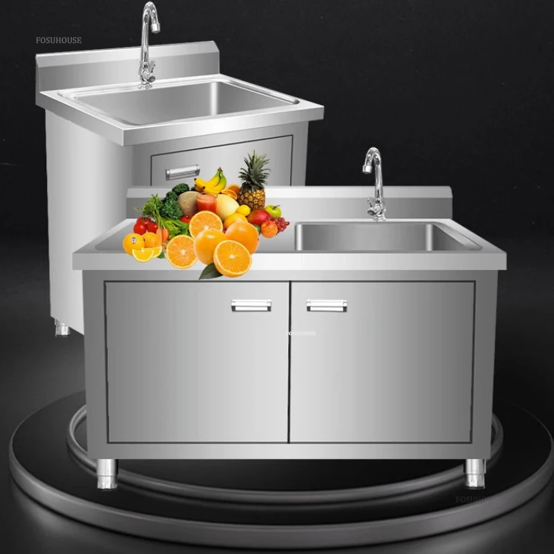Stainless Steel Kitchen Sinks Cabinet Commercial Dishwashing Sink With Operating Table Floor Integrated Wash Basin Sink Cabinet
