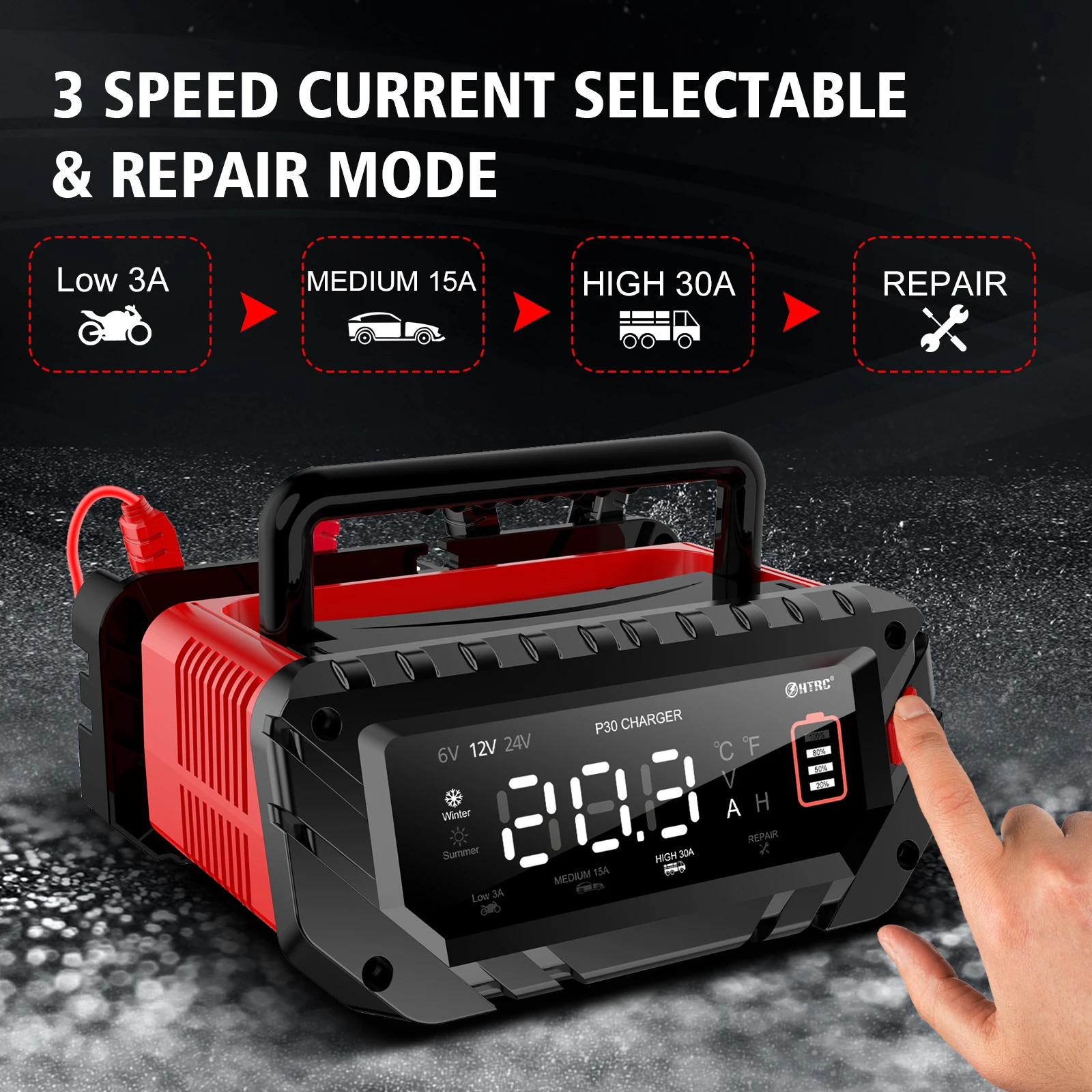 HTRC 30A/26A/20A 12V 24V 자동 배터리 충전기 ATV 트럭 용 펄스 수리 유지 보수 LiFePO4 납산 AGM 습식 젤 배터리