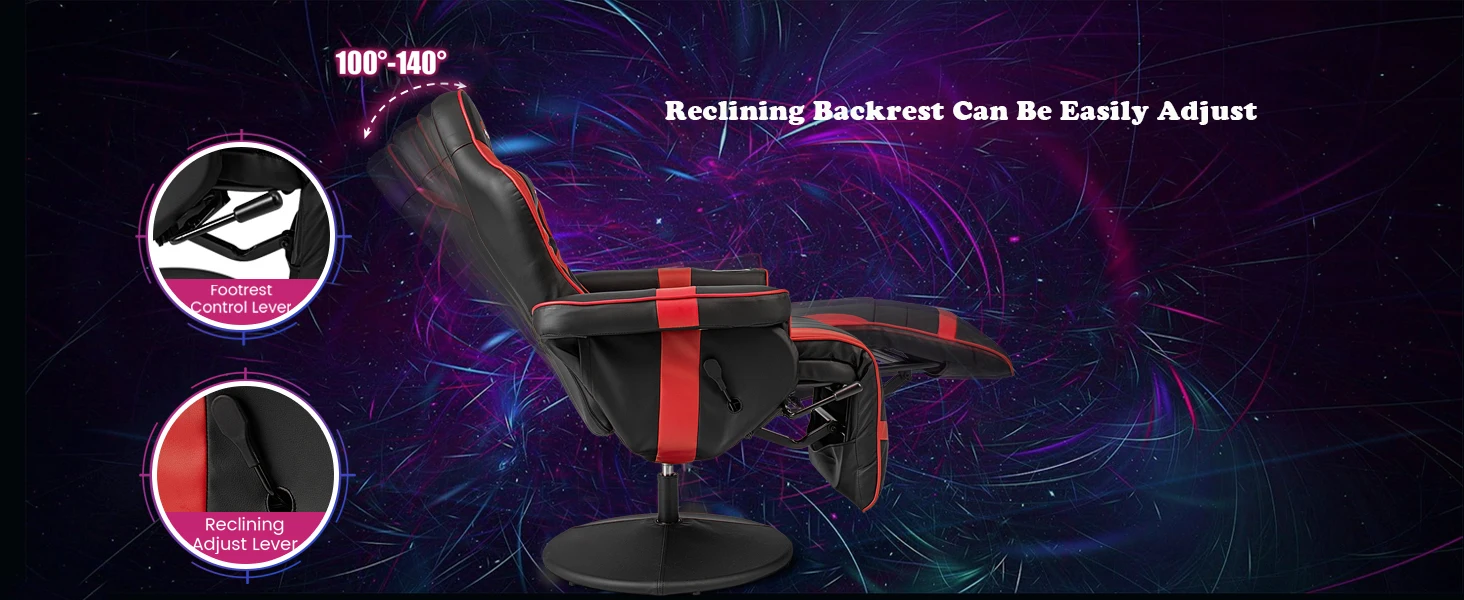 Gaming Recliner Massage Gaming Chair with Footrest Ergonomic PU Leather Single Sofa with Cup Holder Headrest and Side Pouch