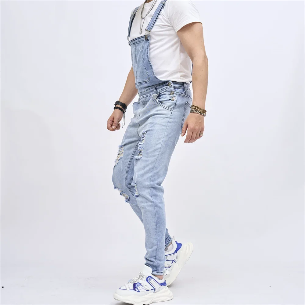 Men Strap Jeans Stylish Slim Ripped Biker Stretch Skinny Male Holes Bib Overalls Jumpsuits Denim Trousers For Men's