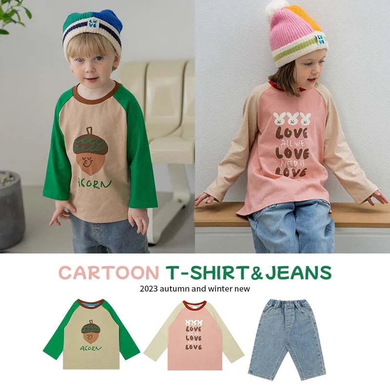 

Long-sleeved T-shirt for Kids 2023 Autumn PS Boys and Girls Cartoon Round Neck Top 1-13 Years Old Baby Jeans Suit