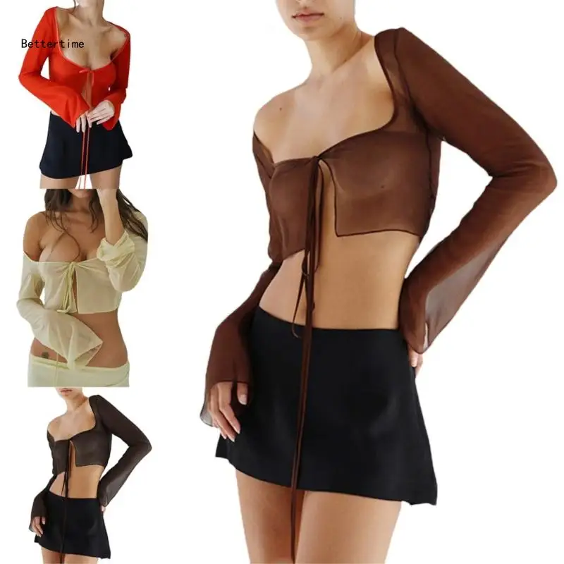 

B36D Womens Sexy See Through T-shirt Y2K Long Sleeve Mesh Cardigan Vintage Crop Tops