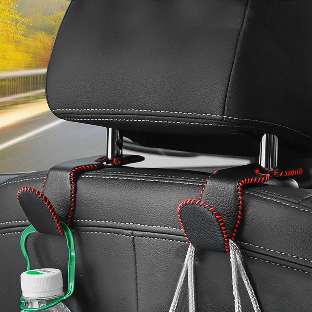 

2pcs Universal Car Headrest Hook Black Red Leather Vehicle Back Seat Hanger Storage for Purse Groceries Bag Interior Storage