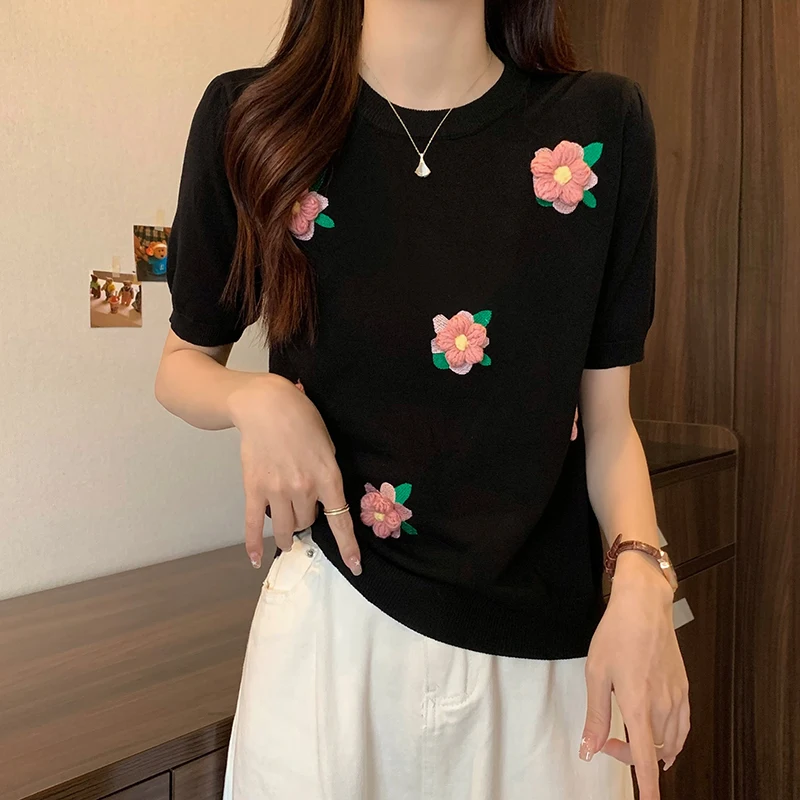 

M-4XL Large Size Summer Short Sleeve Sweater Women's O-Neck Pullover Loose Flower Tshirt Versatile Knitted Knitwear Top